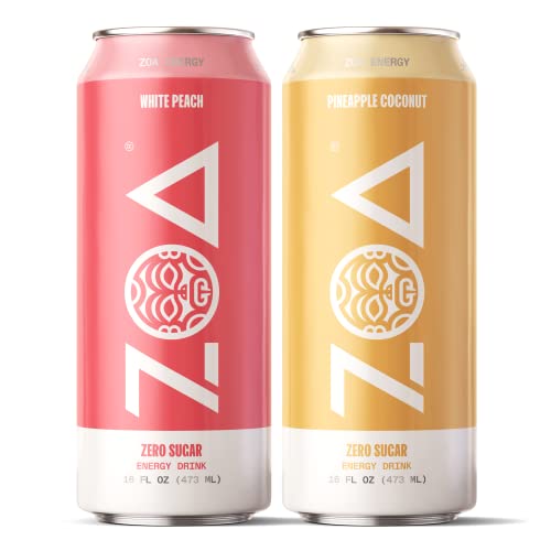 ZOA Zero Sugar Energy Drink Bundle - White Peach & Pineapple Coconut (24 Pack) - Healthy Energy Drinks with B Vitamins, Amino Acids, Camu Camu, Electrolytes & Natural Clean Caffeine