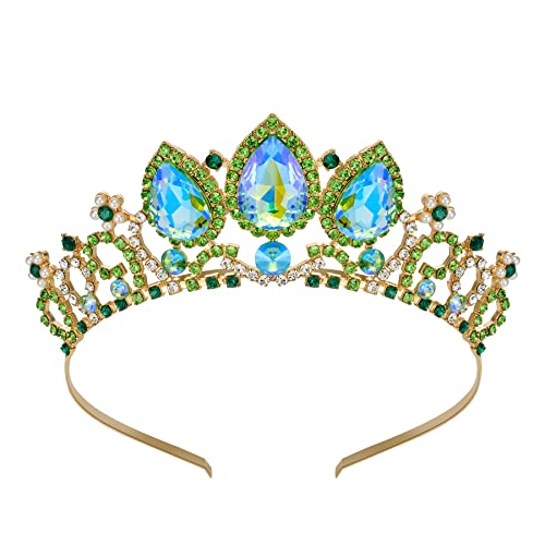 SWEETV Tiana Tiara for Girls, the Princess and the Frog Crown, Green Crystal Tiaras Headband for Kids Cosplay Birthday Dress Up Halloween Costume, Wedding Hair Accessories for Flower Girls