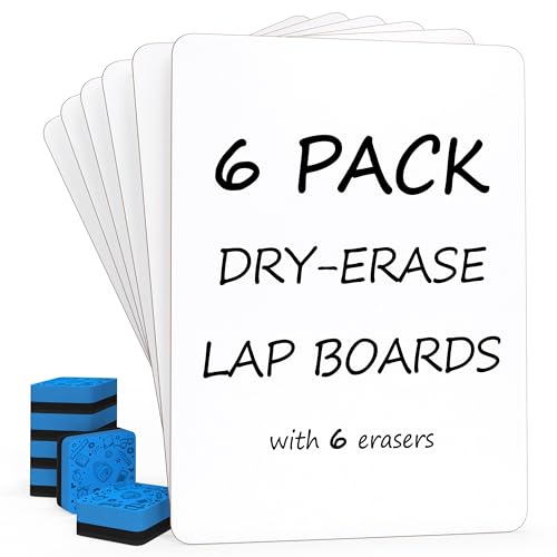 Scribbledo 6 Pack Small White Board Dry Erase Classroom Pack Boards 9'x12” Personal Whiteboards for Students Teachers School Supplies Lapboards l 6 Mini Whiteboard Erasers Included