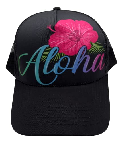 Aloha Designs - Aloha Hat with Colorful Hawaiian Aloha Hibiscus Print for Your Beach -Pool Day Plus You Get 1 Aloha Sticker