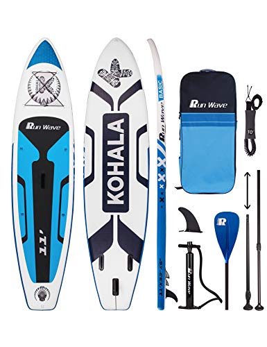 Run Wave Inflatable Stand Up Paddle Board 11'×33''×6''(6'' Thick) Non-Slip Deck with Premium SUP Accessories | Wide Stance, Bottom Fins for Surfing Control | Youth Adults Beginner (Kohala Blue)