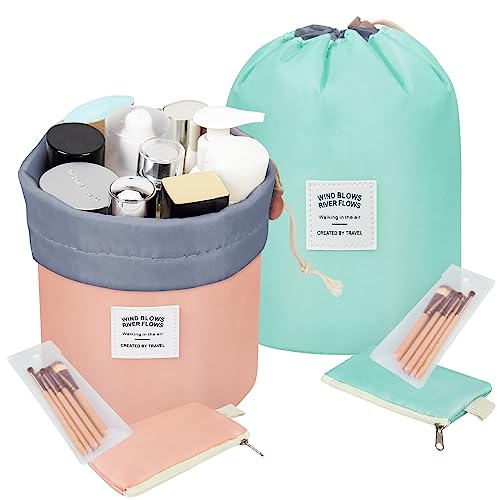 2 Pack Travel Makeup Bags Waterproof Cosmetic Bags Multifunctional Bucket Toiletry Bag Make up Organizer Barrel Cases Kit Storage pocket Soft Collapsible Portable Cosmetic Cases