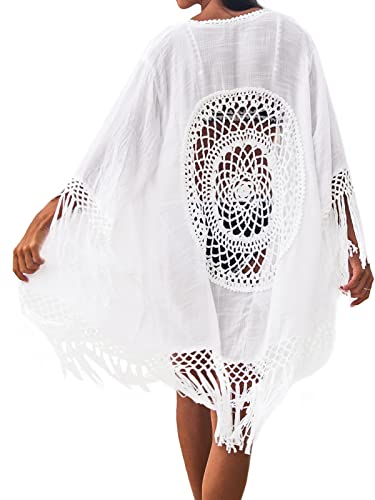 CUPSHE Women's Tassel Long Kimono Cardigans Beach Swimsuit Bikini Cover Up White