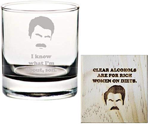 Brindle Southern Farms Ron Swanson Rocks Glass and Coaster Set: Parks and Rec Fan Etched Whiskey Glass/Drinking Glass Gift Set for Ron Swanson Fan, I Know What I'm About Son