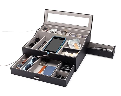 Mens Valet Box Organizer, Large Leather Valet Tray for Men, Mens Valet Tray Organizer with Charging Station, Mens Jewelry Box Organizer for EDC Valet Mens Accessories, Nightstand Bedside Dresser Top