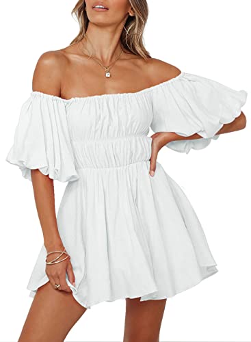 Dokotoo Off Shoulder Summer Dresses for Women 2024 Lantern Sleeve Elastic Waist White Dress Casual Ruffle A-Line Mini Dresses for Wedding Guest Small