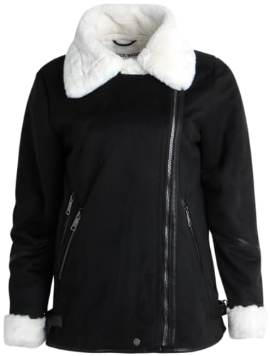 Steve Madden Women's Winter Coat - Faux Leather Moto Biker Jacket - Faux Shearling Lined Heavyweight Jacket for Women, S-XL, Size Medium, Black