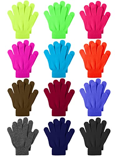 Cooraby 12 Pairs Kids Warm Magic Gloves Teens Winter Stretchy Knit Gloves Boys Girls Knit Gloves (Luorescent Green, Purplish Red, Navy, Mixed Colors, 6-12 Years)
