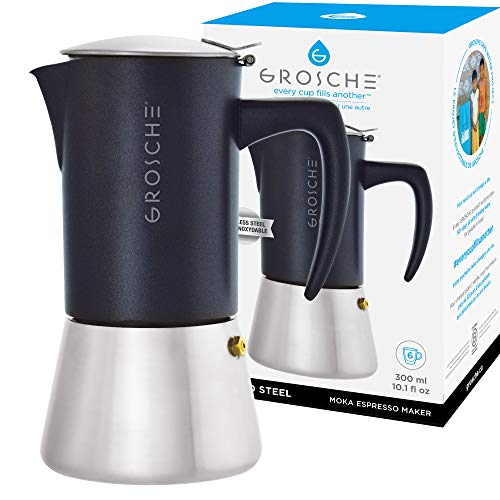 GROSCHE Milano Steel | 6 Espresso Cup | Stovetop Espresso Maker: Stainless Steel Moka Pot for Greca, Induction, Electric & Gas Stoves | Dishwasher Safe Stovetop Espresso Maker Moka Pot