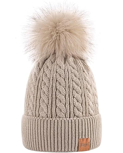 Alepo Womens Winter Beanie Hat, Warm Fleece Lined Knitted Soft Ski Cuff Cap with Pom Pom(Beige)