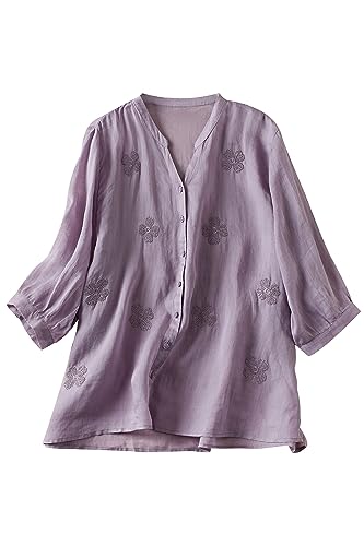 DOVWOER Women's Fall V Neck 3/4 Sleeve Blouses Tops Cotton Linen Jacquard Embroidery Print Tunic Shirts