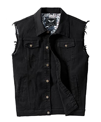 RongYue Men's Casual Button-Down Denim Vest Sleeveless Jacket with Broken Holes, Black, Medium