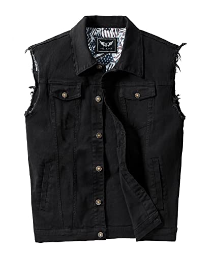 RongYue Men's Casual Button-Down Denim Vest Sleeveless Jacket with Broken Holes, Black, Medium
