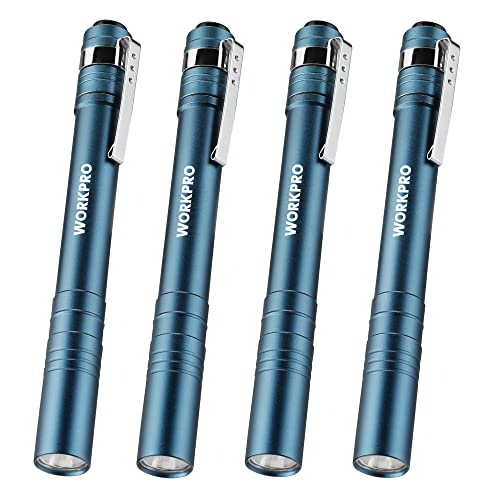 WORKPRO LED Pen Light Set, Battery-Powered Aluminum Handheld Flashlights, Pocket Torch Penlight with High Lumens for Camping, Outdoor, Emergency, Everyday, 8AAA Batteries Included, Blue (4-Pack)