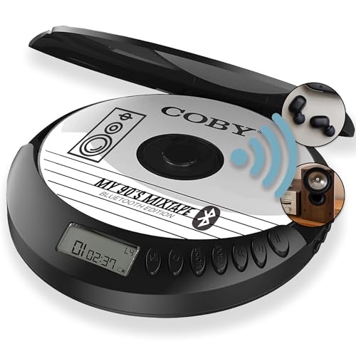 Coby Bluetooth Portable CD Player w/Headphones, FM, AUX, MP3 Anti-Skip Compact Discman | Rechargeable & Lightweight CD Player 6-HR Play for Car, Home
