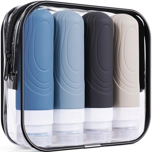 GLAMFIELDS TSA Approved Travel Bottles for Toiletries, 3oz size Leak Proof Silicone Containers for Shampoo, Conditioner,Easy to Squeeze and Portable, Essentials for Traveling (4 Pack) Khaki