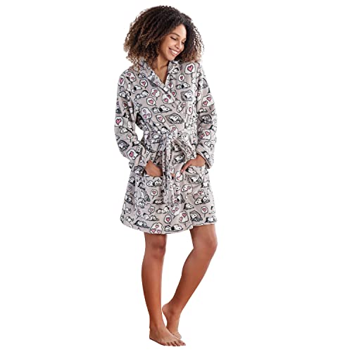Berkshire Peanuts Women's Lightweight Short Robes,VelvetLoft Snoopy Cute Character Bathrobes(Large Peanuts Snoopy Sleeps hearts Grey,Extra-Large)