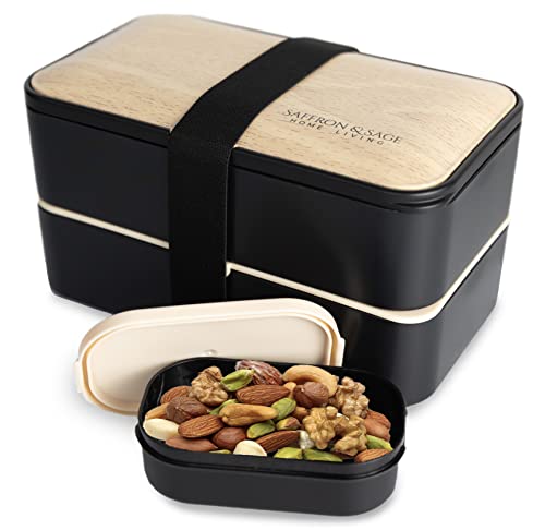 Saffron & Sage Bento Lunch Box - 42oz Black Japanese style Bento Box for Adults or Kids with Cutlery, Chopsticks, Sauce Container and Bento Bag - Leak proof, Dishwasher, Freezer, Microwave safe