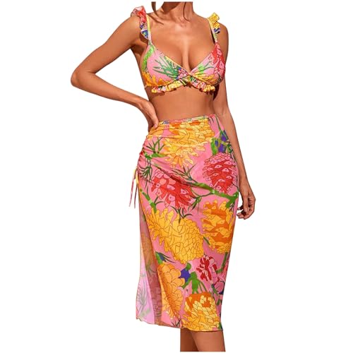 Top Christmas Deals 3 Piece Swimsuits for Women Padded Ruffles String Bikini Sets Bathing Suit Set Sexy Cutout High Neck Mesh Beach Cover Up Yellow