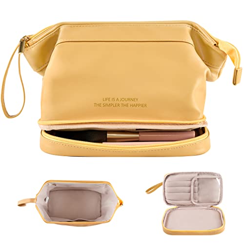 Prite Travel Makeup Bag Double Layer Large Capacity Cosmetic Bags for Women, Portable Leather Roomy Toiletry Bag Design