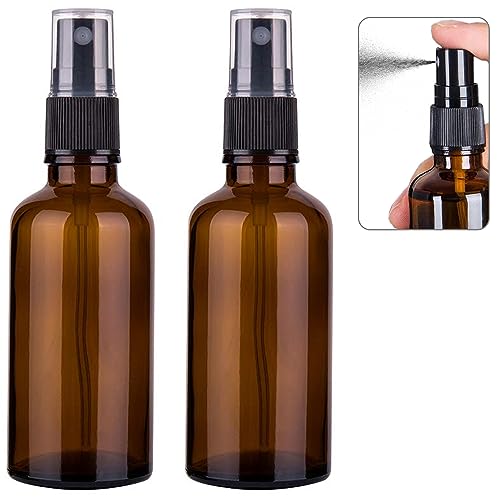 Nylea Small Glass Spray Bottles for Oil, Hair, Plants Water 2 oz | Empty Fine Mist and Refillable Mister Amber Mini Travel Size Bottle for Cleaning Solutions, Essential Oil Sprayer and Nozzle - 2 Pack