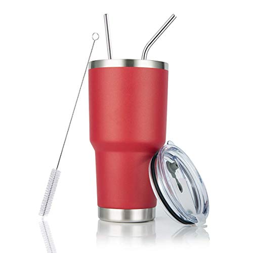 30oz Red Tumbler Stainless Steel Double Wall Vacuum Insulated Mug with Straw and Lid, Cleaning Brush for Cold and Hot Beverages (30oz Red)