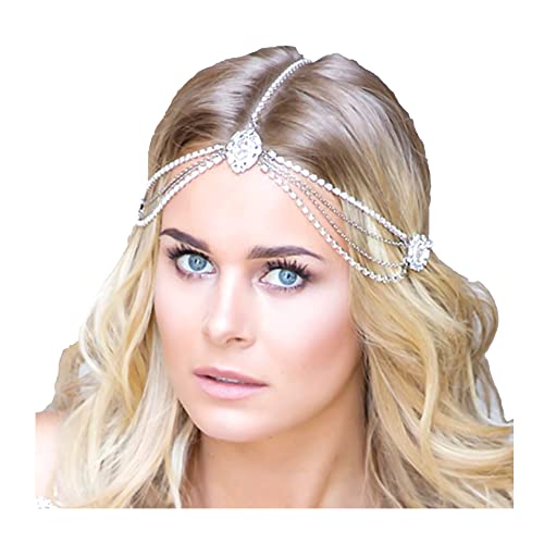 NAISKA Crystal Rhinestones Head Chain Jewelry Silver Tassel Crystal Flapper Forehead Headpiece Bohemian Hair Jewelry Wedding Bride Prom Costume Gatsby Deadband Hair Accessories for Women and Girls (Silver)