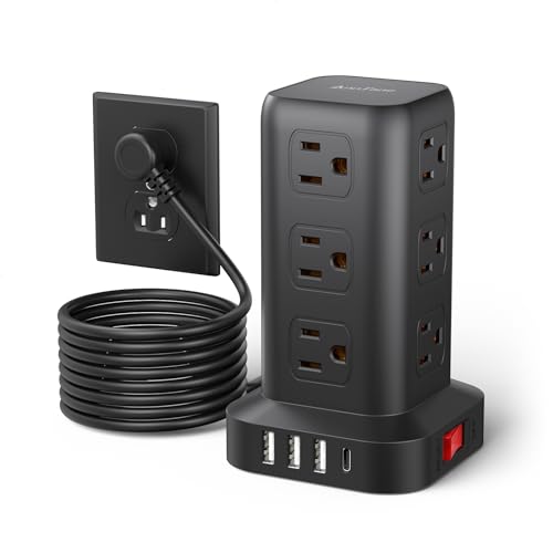 AnnTane Surge Protector Power Strip 10 FT Cord, Power Strip Tower with 4 USB Ports (1USB C), Extension Cord with 12 AC Multiple Outlets, Home Office Supplies Desk Accessories, Dorm Room Essentials