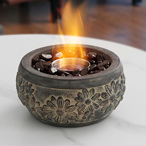 TURBRO Retro Cement Tabletop Fire Pit for Outdoor - Ventless Fire Bowl, Odorless, Smokeless - Fueled by Ethanol Alcohol - Antique Gray
