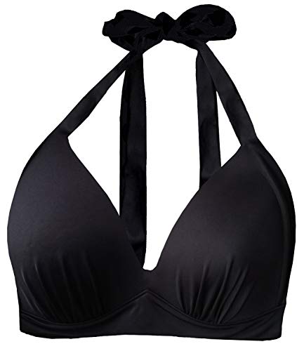 Women's Vintage 50s Halter Neck Tie Knot Back Soft Molded Padding Bikini Top Swimsuit Bathing Suit Tops Only Black
