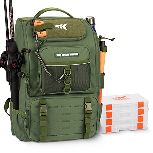 KastKing Karryall Fishing Tackle Backpack with Rod Holders 4 Tackle Boxes,40L Fishing Bag Storage Fishing Gear and Equipment