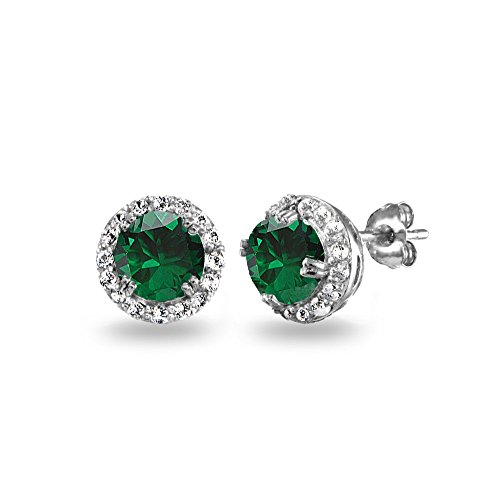 Sterling Silver Synthetic Green Quartz & White Topaz Round Halo Stud Earrings