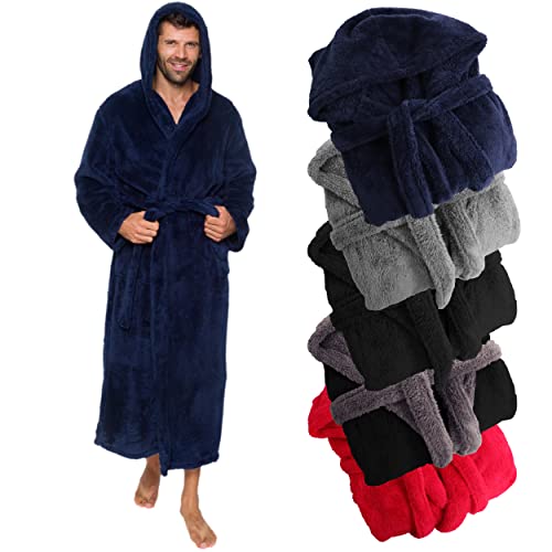 Ross Michaels Mens Luxury Robe Hooded Big and Tall - Long Plush Fleece Bath Robe with Hood and Pockets- Gift Men and Teens