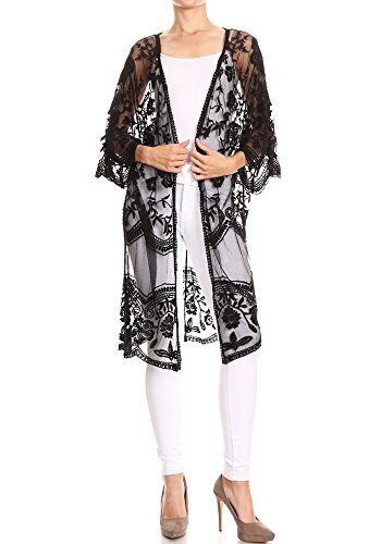Anna-Kaci Lace Cardigans for Women 3/4 Sleeves Kimono Beach Coverups Long Casual Summer Wrap Jacket, Black, Onesize