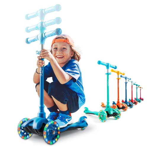 Kicksy - Kids Scooter - Toddler Scooter for Kids 2-5 Adjustable Height - 3 Wheel Scooter for Kids Ages 3-5 Boys & Girls - Kids Three Wheel Scooter with Light Up LED Wheels (Basic, Blue)