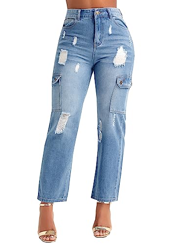 BessCops Women's Boyfriend Trendy Jeans Ripped High Waisted Straight Leg Loose Fit Distressed Zipper Fly Hole Denim