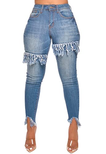 FairBeauty Women's Skinny Stretch Jeans Frayed Raw Hem Slim Fit Jeans Ripped Denim Pants Blue-a