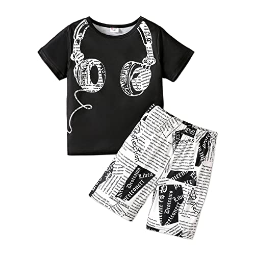 PATPAT Boy's 2 Piece Outfits Headphone Print Short Sleeve Tee Shirt and Letter Print Shorts Set, 9-10 Years
