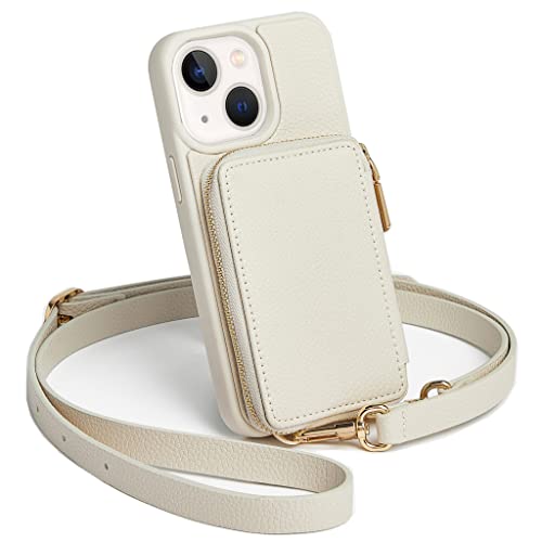 ZVE iPhone 14 Wallet Case Crossbody, Zipper Phone Case with RFID Blocking Card Holder Wrist Strap, Purse Cover for Women Compatible with iPhone 14, 6.1', 2022-Beige