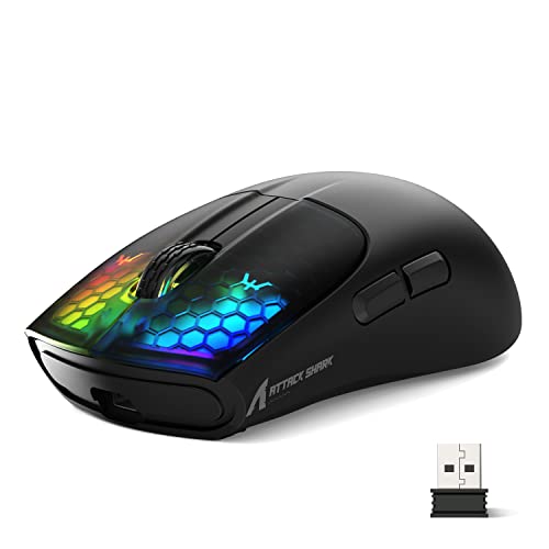ATTACK SHARK X5 Wireless Gaming Mouse with Tri-Modes BT 5.1/2.4Ghz/USB-C,Lightweight 49g,PAW3212 Optical Sensor,Rechargeable Battery,RGB LED Honeycomb Mice for PC/Tablet/Desktop/Office/Games-Black