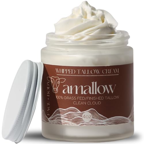 Amallow 100% Grass Fed Beef Tallow for Skin Care - Face + Body - Whipped Moisturizer - 100% Natural Lotion, 4 FL. oz. (Clean Cloud)