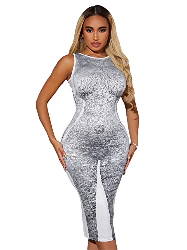 SheIn Women's Y2k 3D Graphic Body Print Bodycon Midi Dress Sleeveless Round Neck Slim Fit Tank Dresses Small Grey