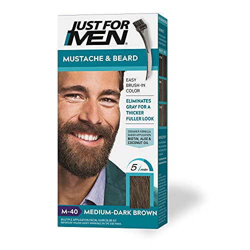 Just For Men Mustache & Beard, Beard Dye for Men with Brush Included for Easy Application, With Biotin Aloe and Coconut Oil for Healthy Facial Hair - Medium-Dark Brown, M-40, Pack of 1