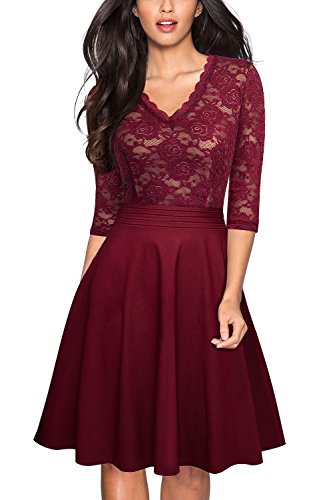 HOMEYEE Women's Chic V-Neck Lace Patchwork Flare Party Dress A062 (6, Wine Fabric B)
