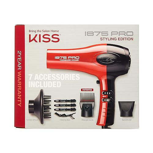 KISS 1875 Watt Pro Tourmaline Ceramic Hair Dryer, 3 Heat Settings, 2 Speed Slide Switch, Cool Shot Button, 2 Detangler Combs, 1 Concentrator, 1 Diffuser, Removable Filter Cap & 4 Sectioning Clips Red