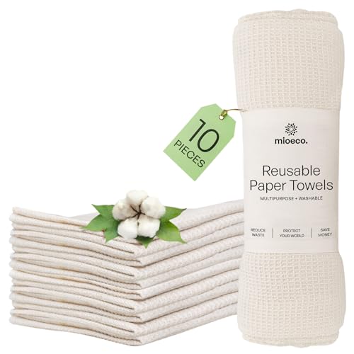 mioeco 10 Pack Kitchen Paper Towels Washable - Super Absorbent Natural Paper Towels - Natural Cotton - Reusable, Paperless Kitchen Dish Cloths - 100% Organic Cotton Dish Towels - Reusable Paper Towel