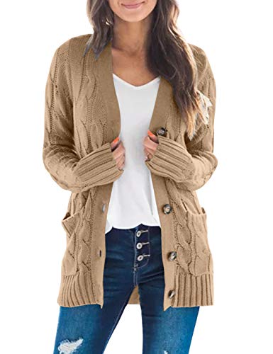 MEROKEETY Women's 2023 Fall Long Sleeve Cable Knit Sweater Open Front Cardigan Button Loose Outerwear Khaki