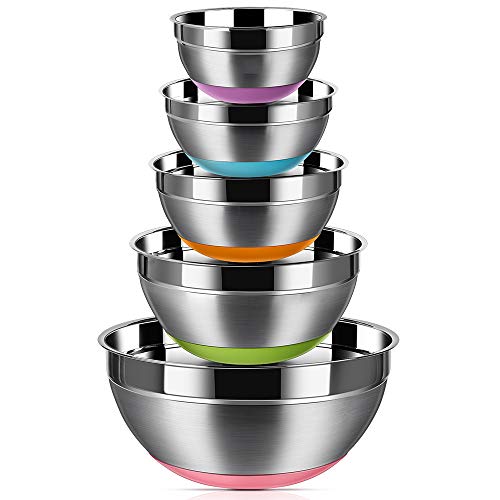 REGILLER Stainless Steel Mixing Bowls (Set of 5), Non Slip Colorful Silicone Bottom Nesting Storage Bowls, Polished Mirror Finish For Healthy Meal Mixing and Prepping 1.5-2 - 2.5-3.5 - 7QT (Colorful)