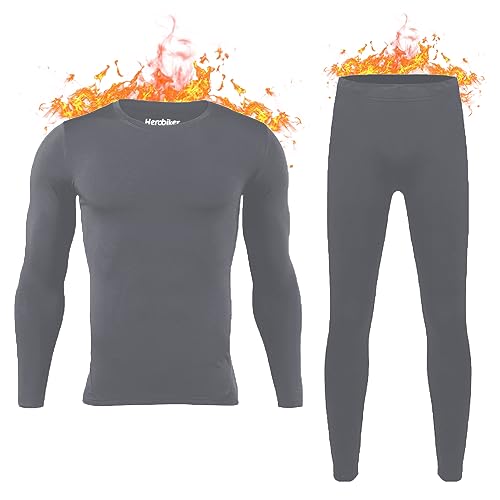 HEROBIKER Mens Thermal Underwear Set Skiing Winter Warm Base Layers Tight Long Johns Top & Bottom Set with Fleece Lined Dark Gray