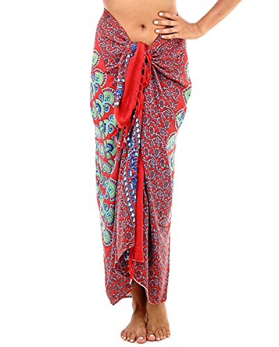 SHU-SHI Womens Sarong Beach Swimsuit Cover Up Mandala Peacock Bikini Wrap & Clip Red